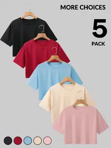 Summer 5-Pack Solid Color, Basic Cropped T-Shirts for Women, Loose & Slimming Crew Neck Short Sleeve Crop Tops, Daily Commute Wear, Minimalist Style, Suitable for Multiple Aesthetics, Effortlessly Create Different Looks