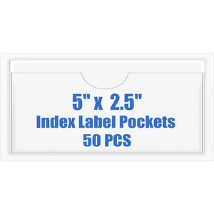50 PCS Self-Adhesive Index Label Pockets, Clear Plastic Peel & Stick Card Holders with Top Open for Loading (5 x 2.5 inch)