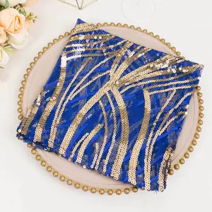 Sequin Mesh Napkin 20"x20" Royal Blue Gold - Wave Embroidered Dinner Napkin