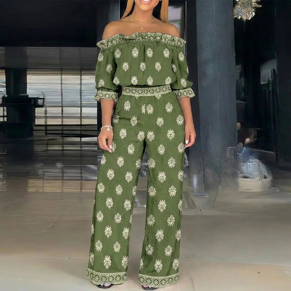 ChicMe Women's 2 Pieces Outfit Boho 2 Piece Outfits for Women Vintage Print Off Shoulder Crop Top & High Waist Wide Leg Pants Set Stretchy Vacation Summer Tracksuits