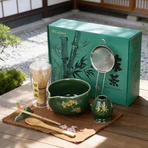 Matcha Whisk Set, 8 Pcs Gold Plum Blossom Matcha Kit for Japanese Tea Ceremony, Ceramic Bowl with Spout, Bamboo Whisk, Spoon, Scoop, Sifter, Towel, Gift for Beginners and Matcha Lovers(Green)