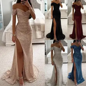 2025 New Party Sequin Off-Shoulder Slit Dress Comfort Fashion Formal Womenswear Casual Chic
