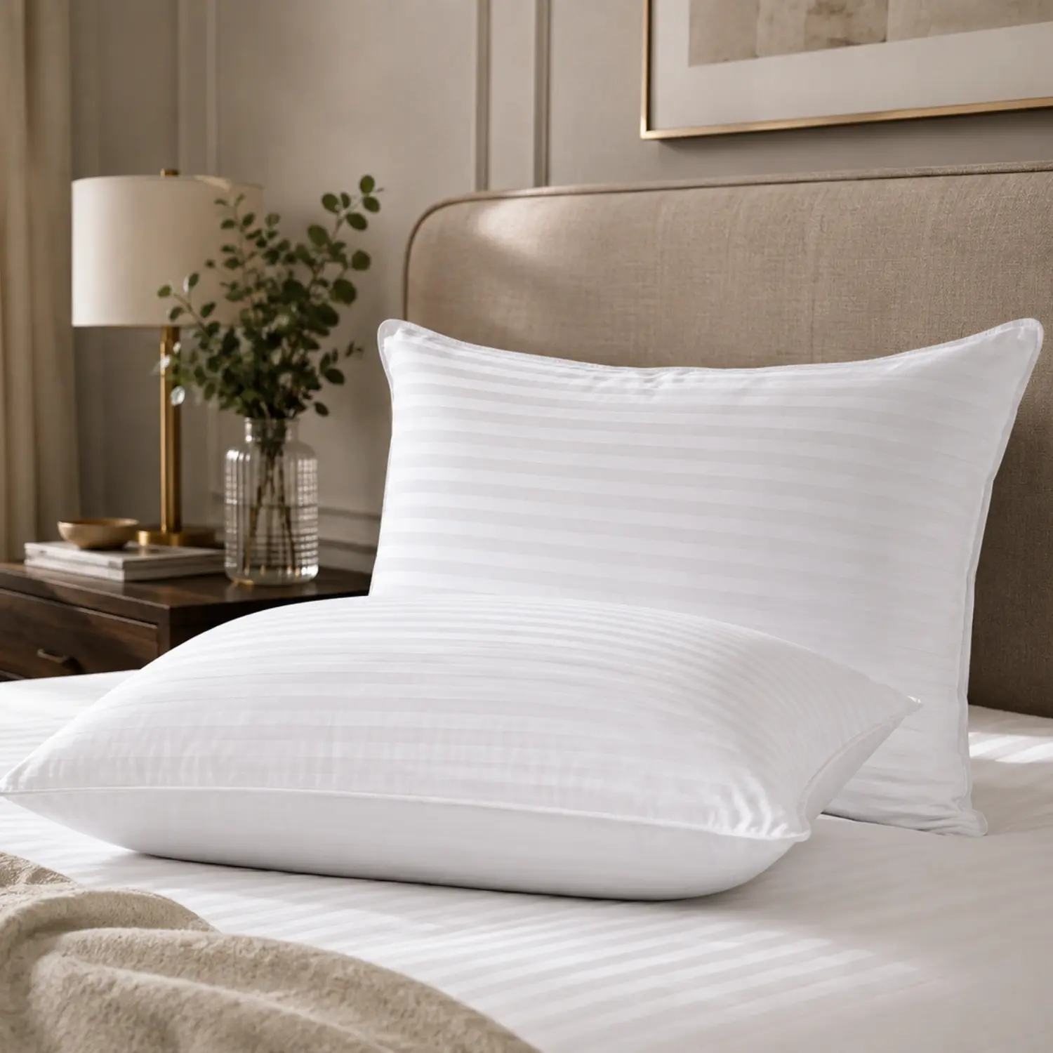 NOVASTILE Queen Size Bed Pillows Set of 2 - Satin Striped, Durable Plush Hotel Look Pillows with 250TC Thread Count Cotton Cover, 1200G Polyester Down Alternative Fill for Airflow Cooling Sleep, Polyester Fill