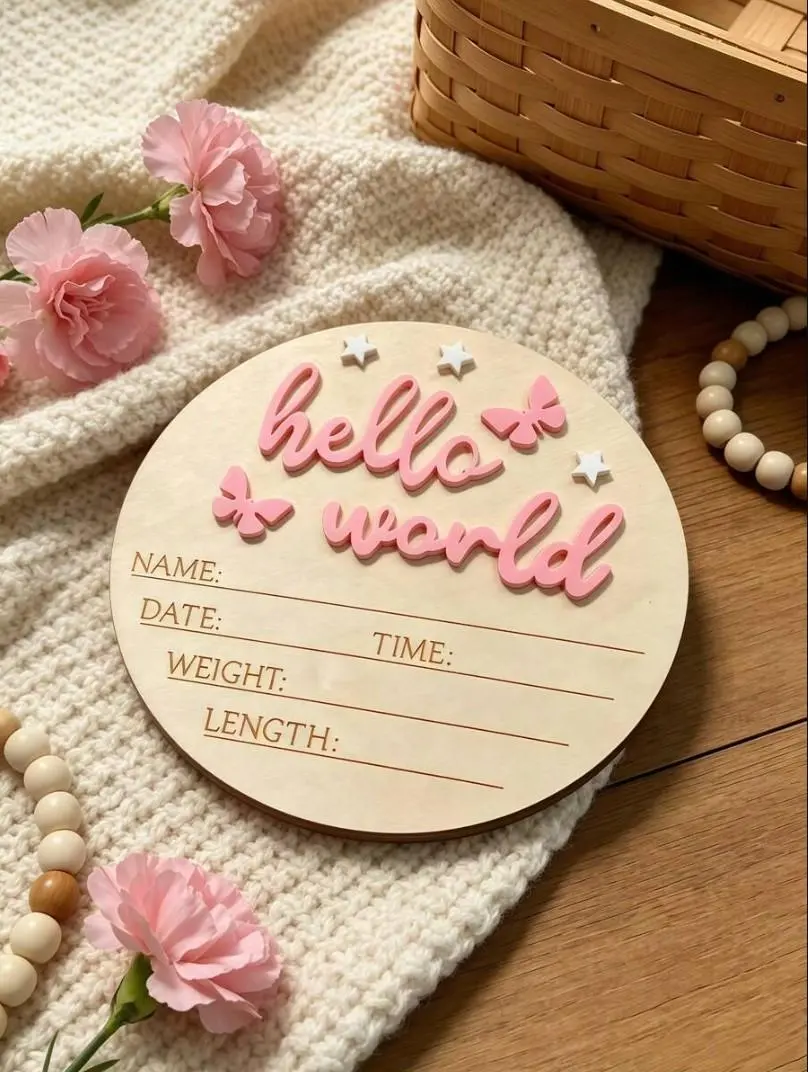 PULSE Baby Announcement Sign, Wooden Hello World Board, Newborn Name Sign, Nursery Decoration Gift