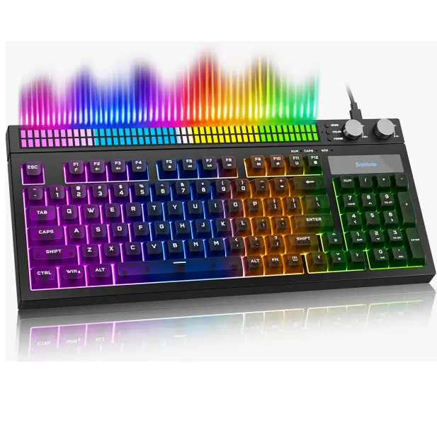 SABLUTE Gaming Keyboard with Audio-Sync RGB Light Strip 26-Key Anti-Ghosting Dual Control Knobs Adjustable Stand Ultra-Low Latency Quiet Membrane for PC Gamers
