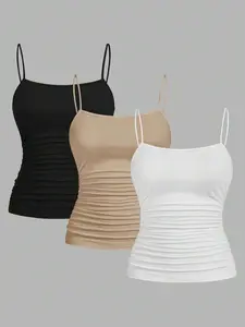 EZwear 3pcs/Set Plus Size Women Ruched Side Sleeveless Camisole Tops, Suitable For Summer, Black/Khaki/White