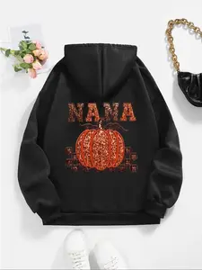Women's Pumpkin & Letter Print Contrast Sequin Drawstring Hoodie, Fashion Casual Drop Shoulder Long Sleeve Hooded Sweatshirt for Daily Outdoor Wear, Women Fall & Winter Clothes