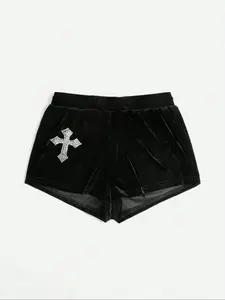 Women's Rhinestone Decor Geometric Print Shorts, Casual Elastic Waist Fit Shorts, Women's Summer Bottoms for Daily Wear