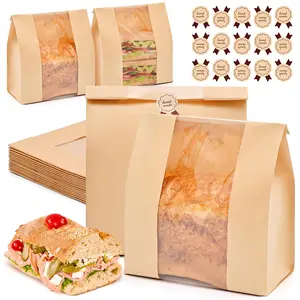 Homemade Bread 50 Pack - Large Sourdough Paper Bags with Clear Window, Brown Bakeware for Storage and Baking Supplies