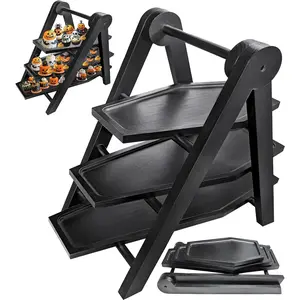 Halloween Party Decor Cupcake Stand, Coffin 3 Tiered Dessert Tray Stand Gothic Decor, Coffin Charcuterie Boards Halloween Serving Tray and Platters Goth Home Decor, Black