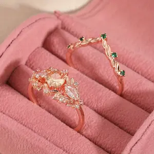 2pcs/set Rose Gold Bride Wedding Ring Set for Women with Floral Design & Green Pink Stones Anniversary Gift Jewelry