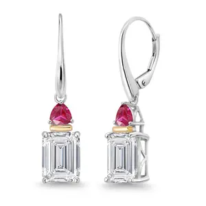 6.54 Cttw 925 Silver and 10K Yellow Gold IGI Certified Lab Grown Diamond and Red Created Ruby Drop Dangle Earrings For Women | Emerald Cut Diamonds Each 3 Ct | E-F Color | VS1-VS2 Clarity