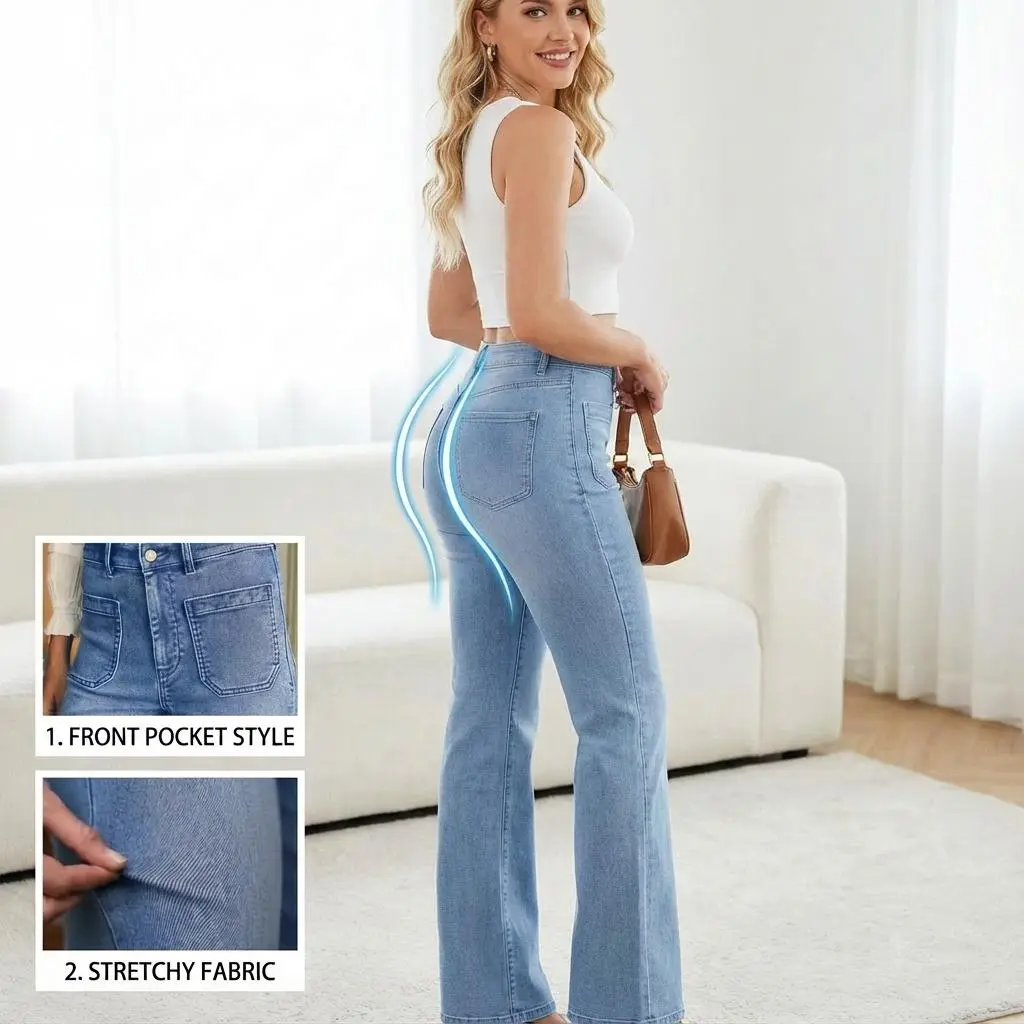 Women's Cotton Stretch Jeans in a Slim High Waist Micro-Flare Fit with Elastane and Vertical Front Pockets, Lady, Wide Leg, Bottom Light Polyester Womenswear Spandex