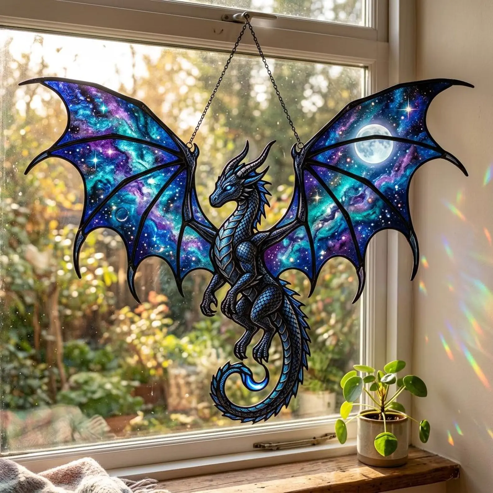 Galaxy Dragon Stained Acrylic Glass Style Suncatcher, Moon Night Dragon Window Hanging, Fantasy Winged Dragon Ornament, Celestial Decor Gift