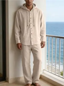 New Spring Men's Linen Set, Casual Beach Vacation Style, Button Front Shirt and Long Pants, Comfortable Breathable Daily Wear