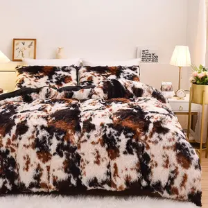 Tie-Dye Cow Print Duvet Cover Set - Brown-Black Velvet Shaggy Faux Fur Bedding with Super Soft Comforter Cover & Pillowcases, Coffee-Black Twin Size, Ideal for Bedroom Decor Ideas