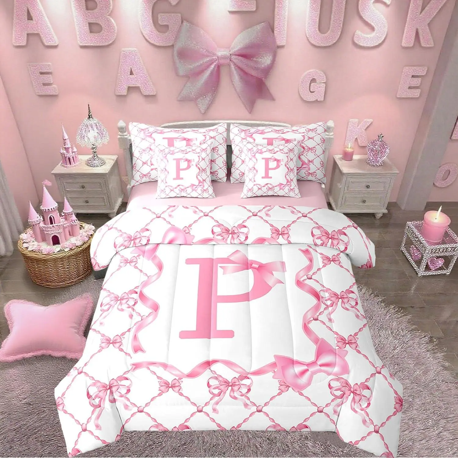 7Pcs Pink Bow Bed in A Bag Initial Letter P Teen Girl Comforter Set with Sheets Kawaii Coquette Bow Bedding Set,Cartoon Monogrammed Bowknot Sheets Set with Comforter