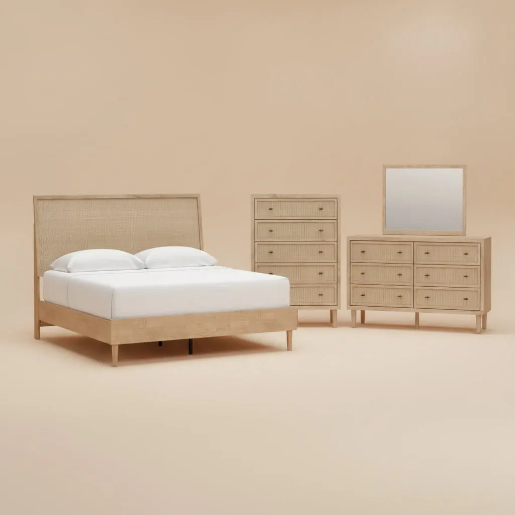 Cielden King Panel Bed with Mirrored Dresser and Chest