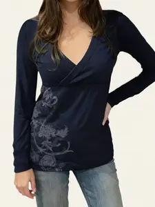 Women's Solid Color Print V-Neck Low Cut Slim Fit Long Sleeve T-Shirt, Casual Street Style for Spring & Fall, Vintage Fashion