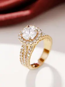 Wedding Jewelry, 1pc Elegant Yellow Gold Tone Stone Engagement Ring for Women, Elegant Halo Cushion Design Copper, Daily Wear, Party, Birthday Gift, Valentine, Christmas, Mother's Day