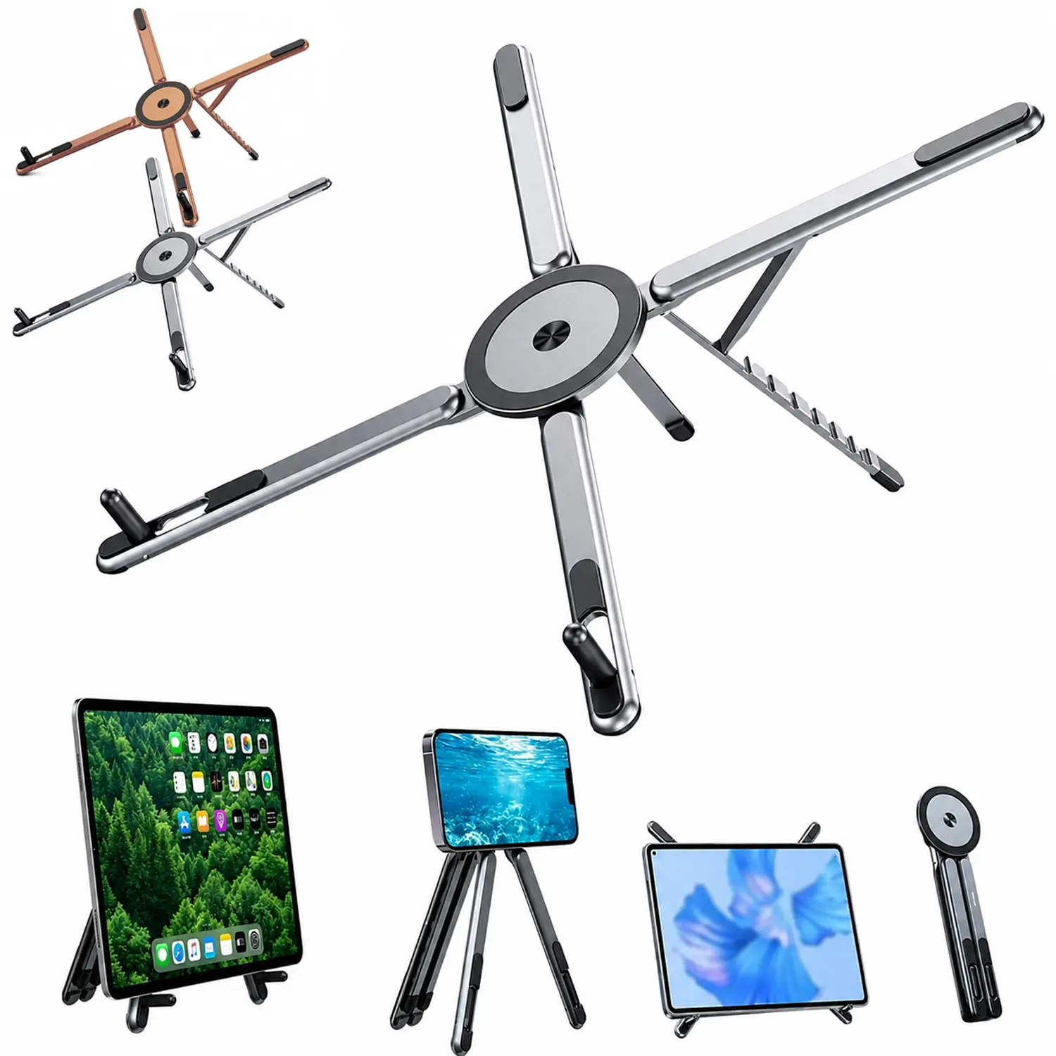 Magnetic Foldable Aluminum Alloy Device Stand, Multi-Angle Adjustable Portable Holder for iPhone, Tablet & Laptop, Handheld Selfie Grip for Drawing, Video & Typing