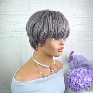 Pixie Cut Human Hair Wigs for Women Layered Straight Brazilian Human Hair Wig with Bangs Silvery Grey Elegant Chic Choice for Mature Women Short Hairstyle Stylish Hairpiece Premium Human Hair