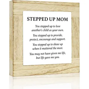 Stepped Up Mom Gifts from Daughter Son Christmas Mothers Day Birthday Gifts for Bonus Mom Mother Stepmom Retro Wood Decor Sign for Home Office Farmhouse Bedroom Desk Shelf 4 X 4 Inch