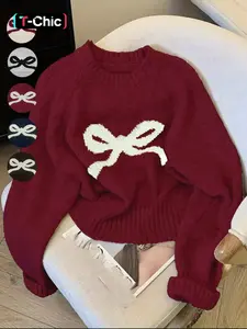 Elegant Women's Loose Bow Embroidered Butterfly Moire Sweater, Classic Pullover, Casual Round Neck Long Sleeve Knitwear, Spring & Fall Fashion Knitting Top