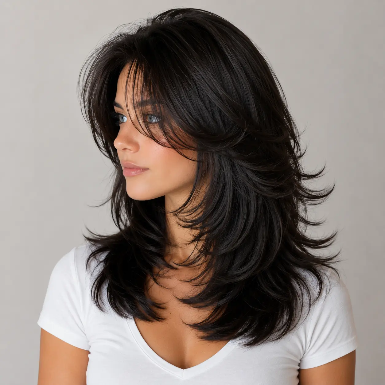 Layered Curly Wig with Curtain Bangs for Women, 16-Inch Deep Brown Matte Synthetic Hair, Heat Resistant with a Breathable Adjustable Cap