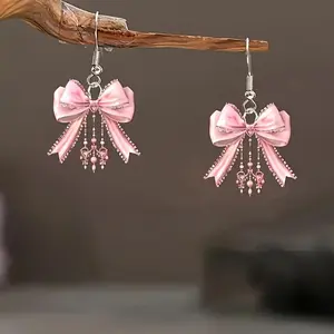 Elegant Pink Heart Bow Acrylic Dangle Earrings, Women'S Fashion Jewelry, Alloy Hook, Perfect Gift for Christmas, Valentine'S, Birthday, All Year Round