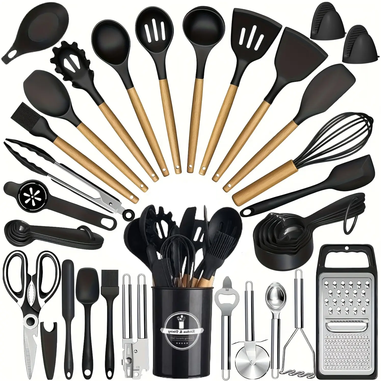37-Piece Silicone Kitchen Utensil Bundle Cookware Set with Wooden Handles, Heat-Resistant Nonstick Tools, Pasta Tool, Rack, Scissors, Holder, BPA-Free Food-Grade Gadgets, Everyday Kitchen Spoons, Beautiful Gift Set for Home Cooking