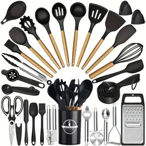 37-piece silicone kitchen utensil set with wooden handles, heat-resistant nonstick cooking tools, includes holder, BPA-free food-grade kitchen gadgets, suitable for home cooking and baking