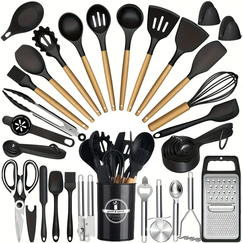 37-Piece BPA-Free Food-Grade Silicone-Wood Cooking Utensil Bundle with Wooden Handles - Heat-Resistant, Nonstick Kitchenware, Stainless Steel Scissors, Pasta Tool, Tray, Rack, Holder, Household Items, Wedding & Housewarming Holiday Gift Set for New Cooks