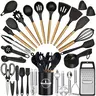 37-Piece BPA-Free Food-Grade Silicone-Wood Cooking Utensil Bundle with Wooden Handles - Heat-Resistant, Nonstick Kitchenware, Stainless Steel Scissors, Pasta Tool, Tray, Rack, Holder, Household Items, Wedding & Housewarming Holiday Gift Set for New Cooks