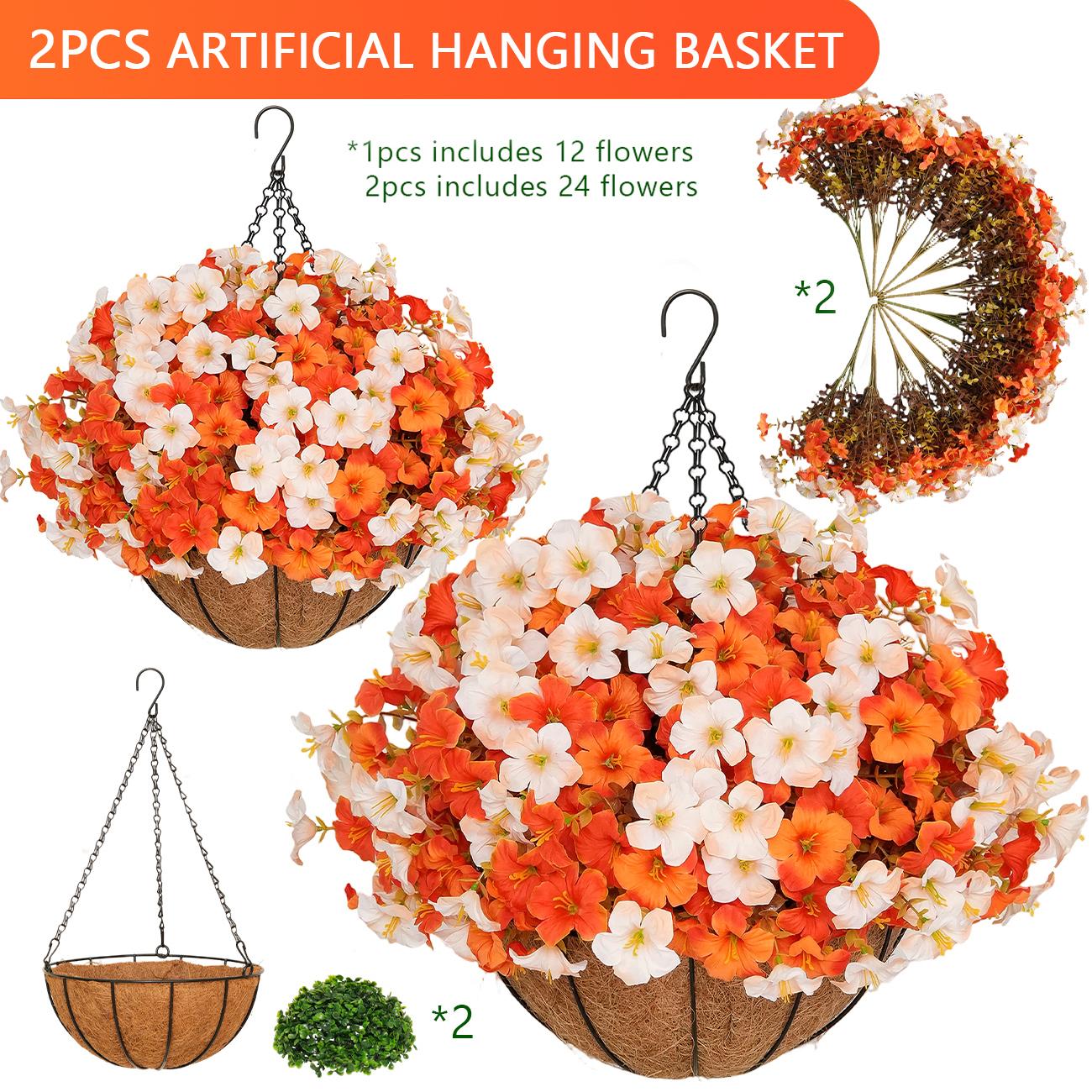 2Pcs Artificial Hanging Flower Baskets, UV Resistant Daisies/Pansies/Morning Glories/Ferns Arrangement, No Maintenance Fall & Halloween Decor for Porch Patio Balcony Yard, Home Accessory, House Decor homeessentials