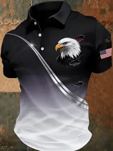 250th Anniversary Themed Short-Sleeve T-Shirt, American Bald Eagle Breaking Through Wall Flag T-Shirt, Men's Gradient Colorful Lapel Short-Sleeve T-Shirt, Trendy Gradient Color Block Lapel Top, Casual, Versatile, Breathable Sports Polo T-Shirt