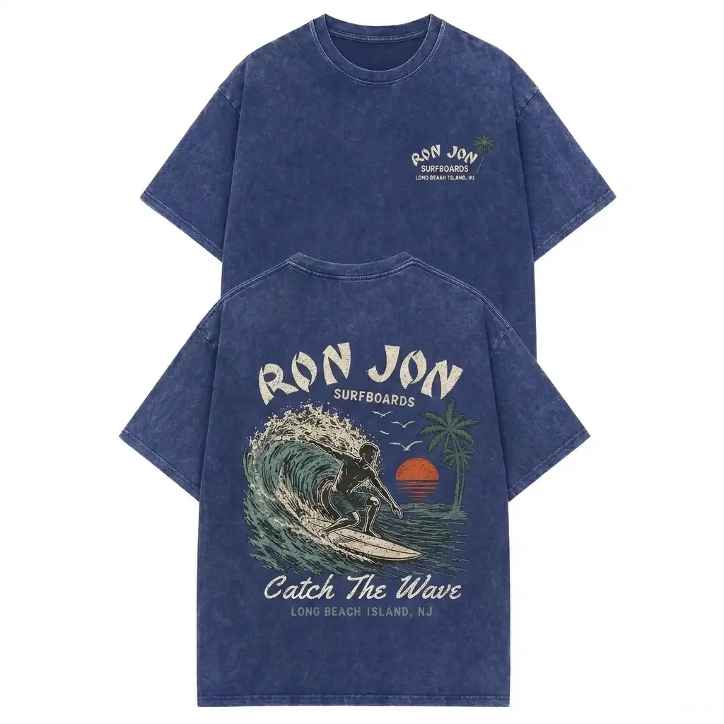 Ron Jon Surfboards Catch The Wave Surfer Long Beach Island NJ Double Sided Unisex Washed Blue Tshirt Mens Vintage Graphic Tee, Boyfriend fit shirt, Oversized unisex top for women, Retro surf streetwear, Summer beach aesthetic, Ocean vibe