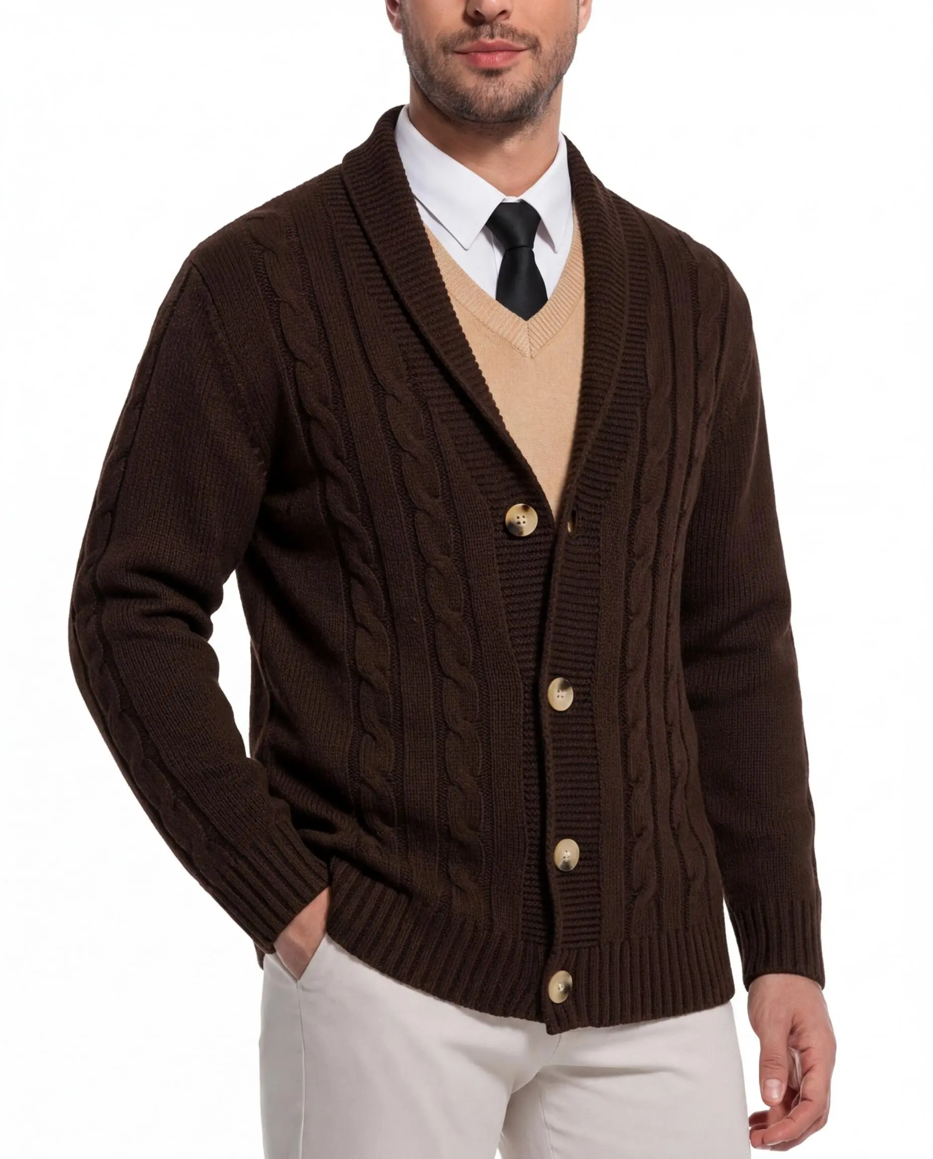 Men’s Cable Knit Denim Cardigan Sweater - Shawl Collar, Button Front V-Neck, Full Sleeves, Medium Length, Ribbed Plain Classic Stylish Top for Business Casual Work & Fall Winter Layering