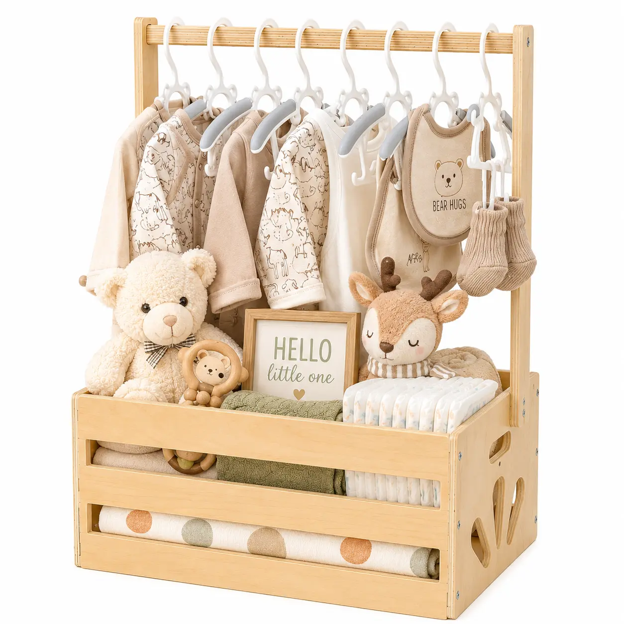 Wooden Baby Shower Gift Basket with Hanging Rack, Baby Clothes & Nursery Storage Crate, DIY Newborn Gift Hamper for Boys & Girls, Gift for New Parents