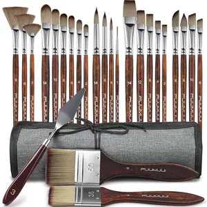 25pcs Paint Brush Set, Professional 9 Shapes with Wide Flat, Filbert, Fan, Dagger, Cat Tongue, Round, Angle, Rigger for Acrylic Oil Watercolor Includes Palette Knife & Waterproof Canvas Roll
