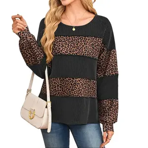 EncoLax Women's Cotton Knitted Long Sleeve Lightweight Tunic Sweatshirt Tops with Leopard Print Stripes