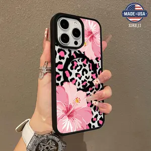 Leopard Print Hibiscus Flower Pattern Premium Magnetic Phone Cases for iPhone 16 15 14 Pro Max 13 12 11 Plus Smartphone Shockproof Protection Acrylic Cover Cellphone Protective magsafe magnetic case Resistance Casing Silicone Protector