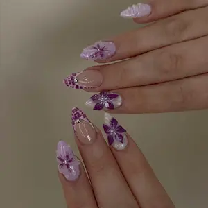 Medium Long Almond Shape Gradient Flower Nail Tips Art, Clear Nude Look with Snake Skin Rhinestones, Acrylic Material, Includes Jelly Glue and File