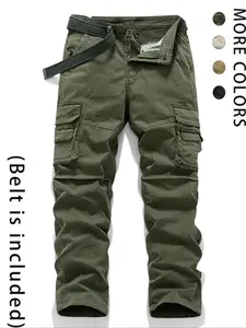 Men's Solid Color Straight Leg Cargo Pants with Belt, Regular Fit Street Fashion Casual Comfy Multi-pocket Trousers for Daily Wear, Pants for Men, Men's All-match Bottoms for All Seasons Menswear Beige Plain