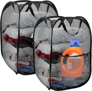 2 Pack Upgraded Heavy Duty Large Mesh Collapsible Laundry Basket with Pocket and Carry Handles, Foldable Dirty Clothes Pop up Laundry Hamper for Dorm Bathroom