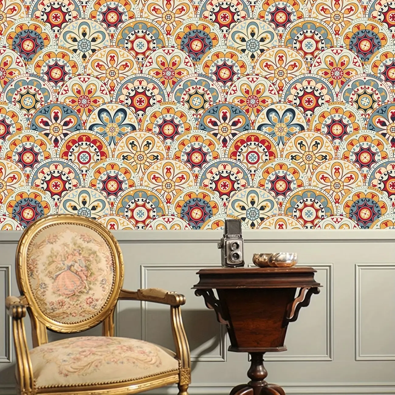 Colorful Retro Wave Boho Peel & Stick Wallpaper, Removable Vintage Mandala Pattern, No Residue, Bohemian Circle Print, Living Room Decor