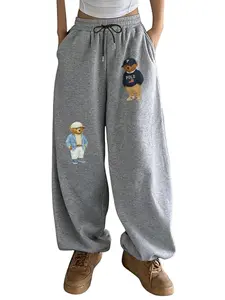 Women's Cute Teddy Bear Print Wide Leg Sport Pants, Loose Fit Drawstring Waist Casual Pants, Y2K Vintage Street Style Daily Wear