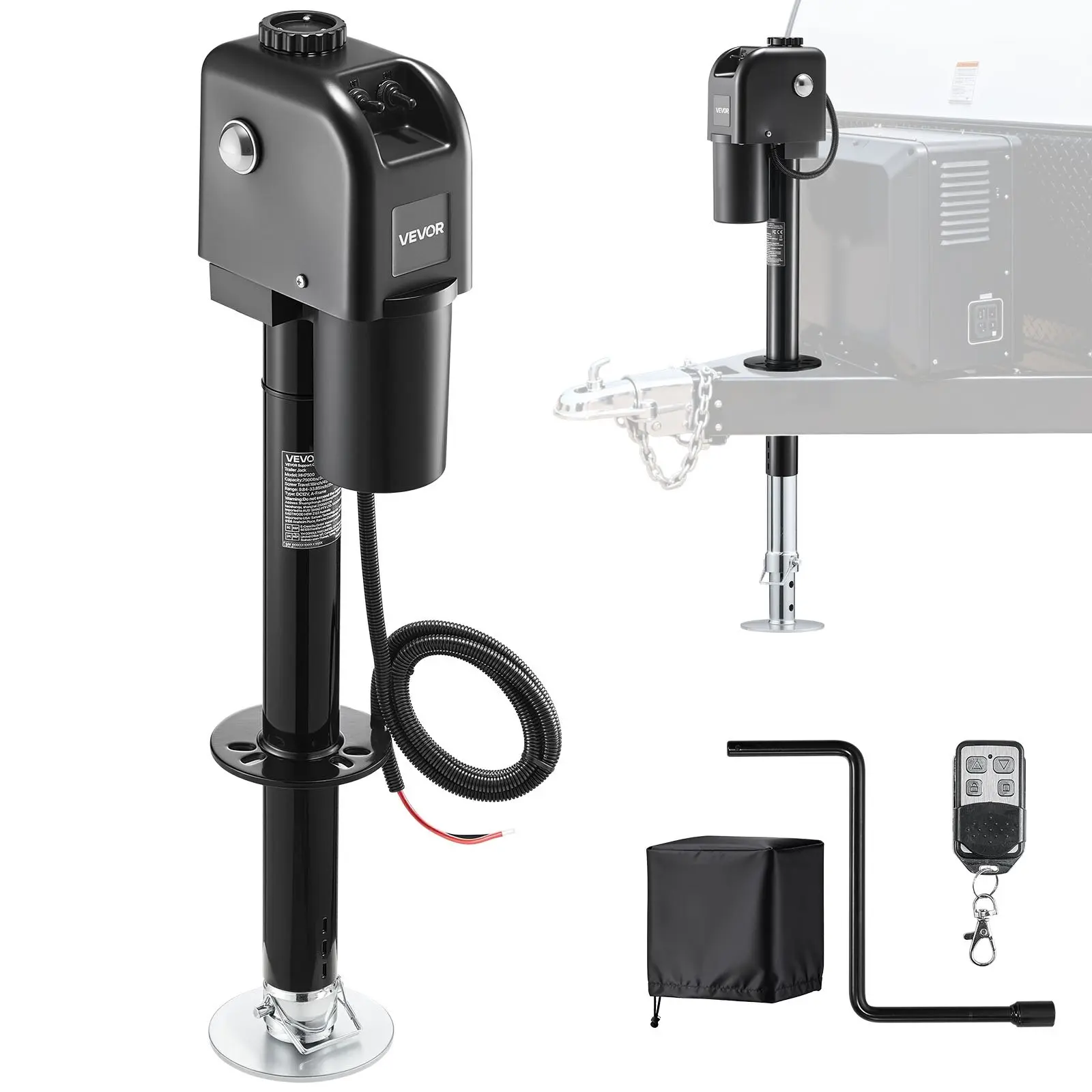 【Summerfinds】VEVOR 12V DC Electric Trailer Tongue Jack, 7500 lbs Capacity, 9.84-27.84 in Lift, 5-Position Drop Leg, 90° Rotating Base Holes, Waterproof Cover, LED Light, Included Wiring, All-Around Protection, Black for RV, Travel Trailer, Led Lights,, Ca