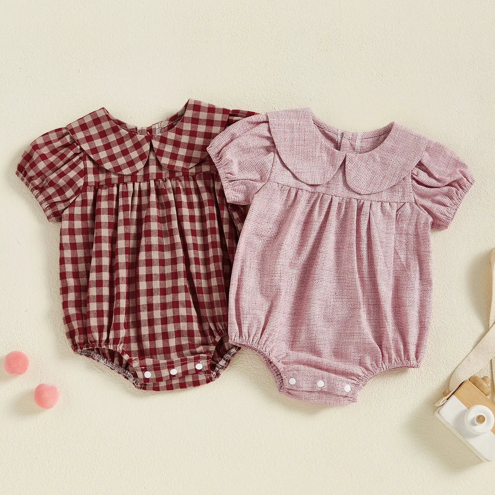 Infant Baby Girl Plaid Romper Short Puff Sleeve Doll Collar Smocked Bubble Bodysuit Newborn Summer Clothes