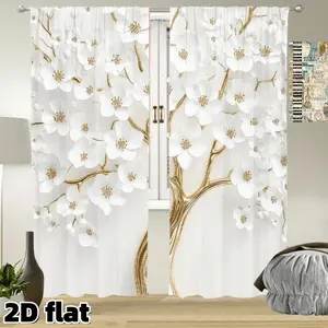 2D Flat 2Pcs Elegant White Cherry Blossom Curtains Gold Branch Pattern Semi Sheer Polyester Rod Pocket Panels Modern Japanese Style Suitable for Living Room Bedroom Window Treatment Decor Anti Privacy